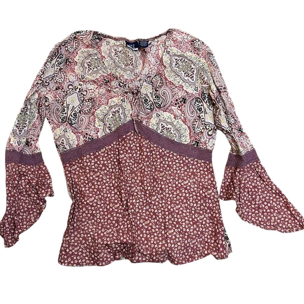 Y2K Babydoll Top Womens Large Pink Purple Bell Sleeve Coquette Whimsy Fairy